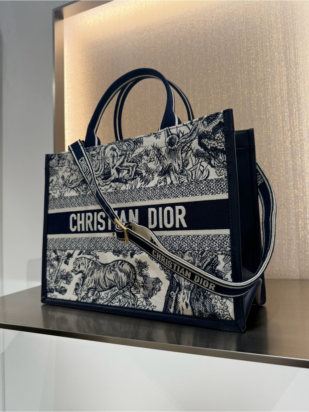 Authentic Dior Navy and White Toile Jacquard Book Tote with Logo Strap
